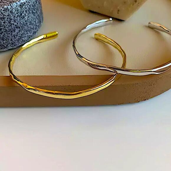 Gold Irregular Bangle Bracelet, Geometric, Cuff, Minimalist - Picture 7 of 8